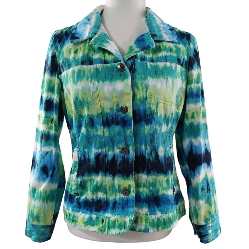 Chico's Blue Green Yellow Tie Dye Button-Up Jacket Pockets Colorful Maximalist
